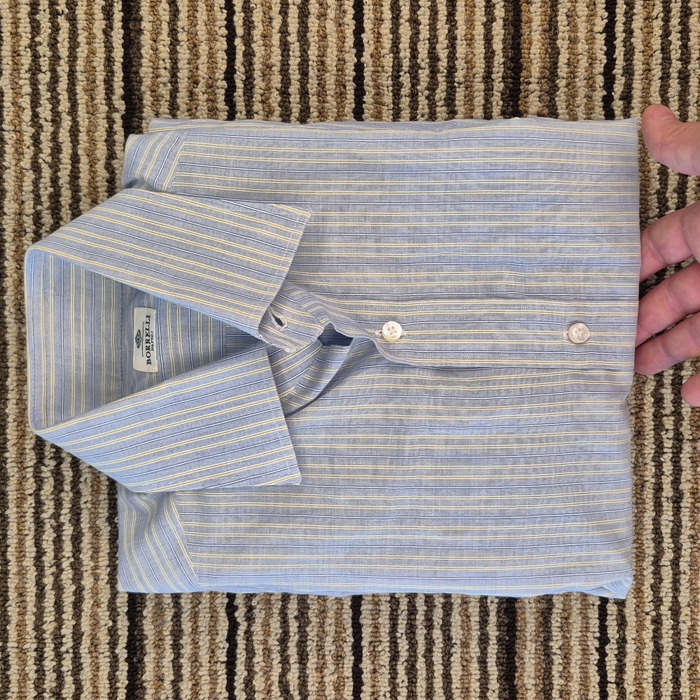 BORRELLI Napoli‎ Italy Blue Grey Striped Cotton French Cuffs Sz 15.5 Dress Shirt